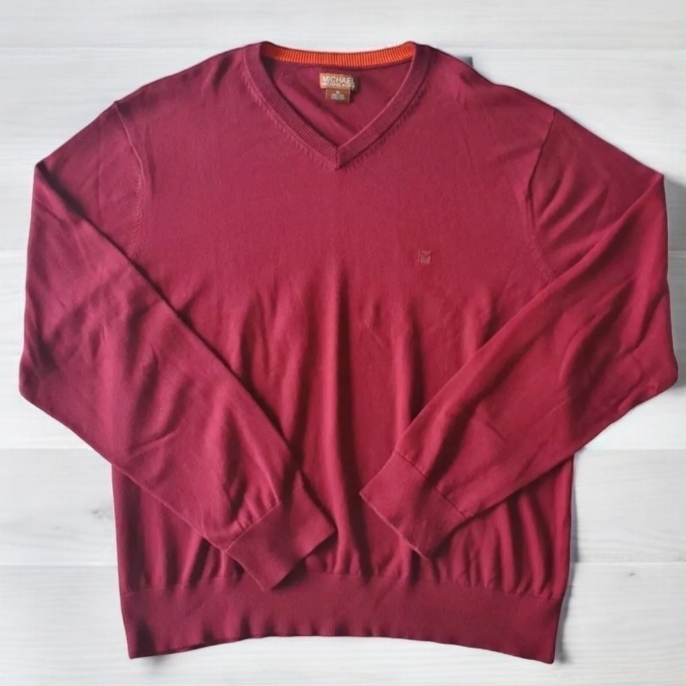 Michael Kors Sweater Mens Size XL Knit Burgundy V Neck Pullover‎ Preppy Classy
